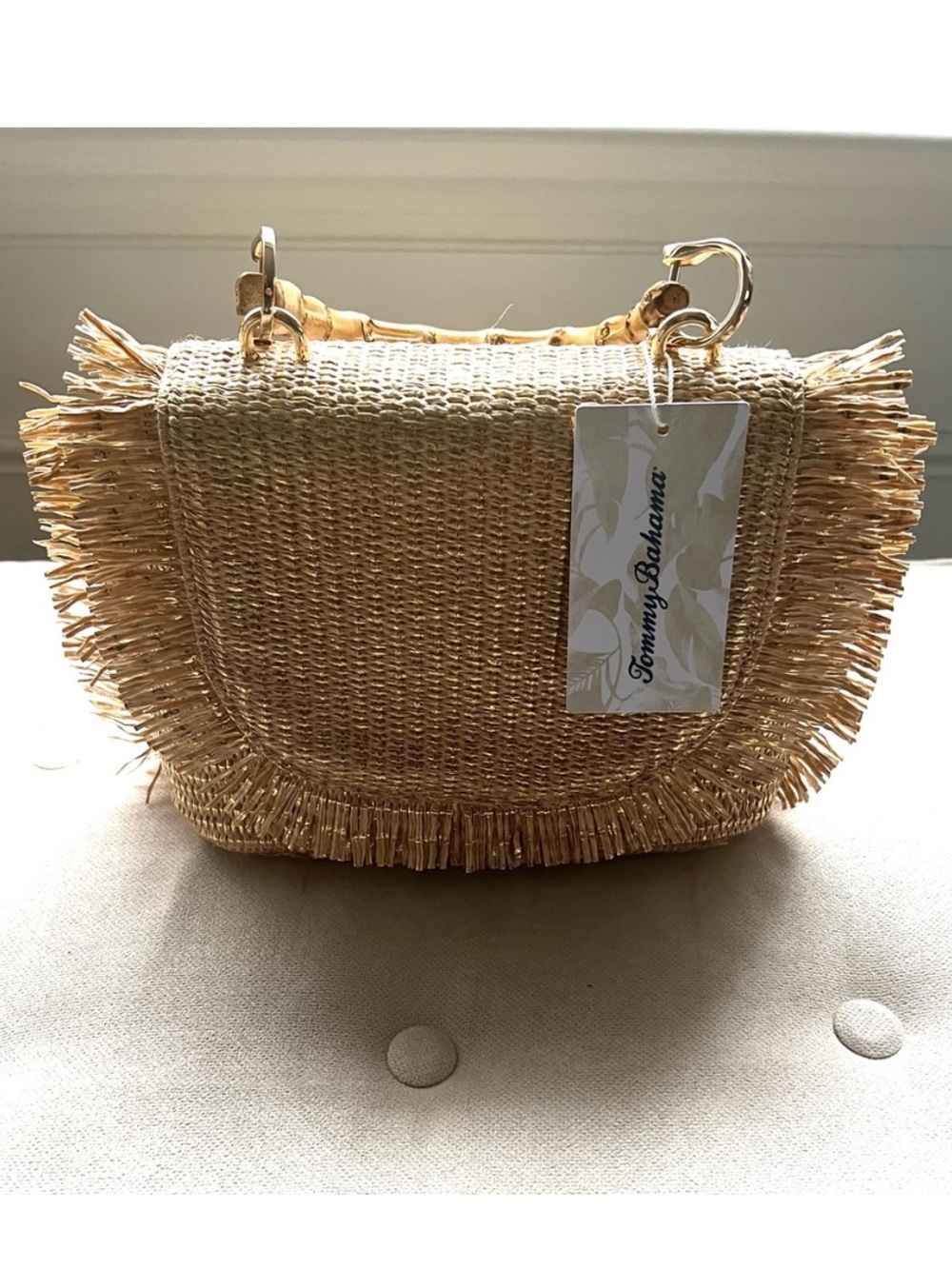 Tommy Bahama Natural Straw Fringe Crossbody Bag with Gold Hardware